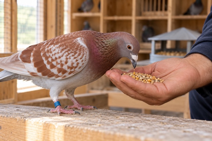 Paloma mensajera rojiza comiendo de la mano del criador