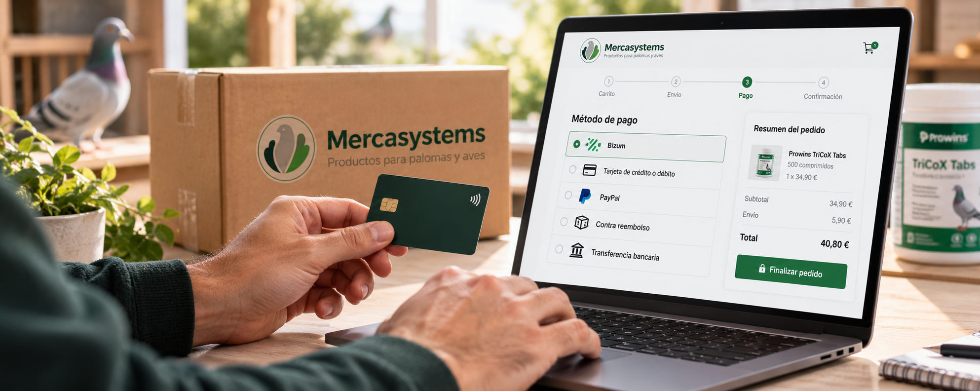 Formas de pago disponibles en Mercasystems para comprar productos para palomas