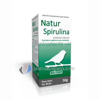 Spirulina para canarios: Avizoon Natur Spirulina 50 gr, (contiene un 60% de proteínas, vitaminas y aminoácidos). Para pájaros
